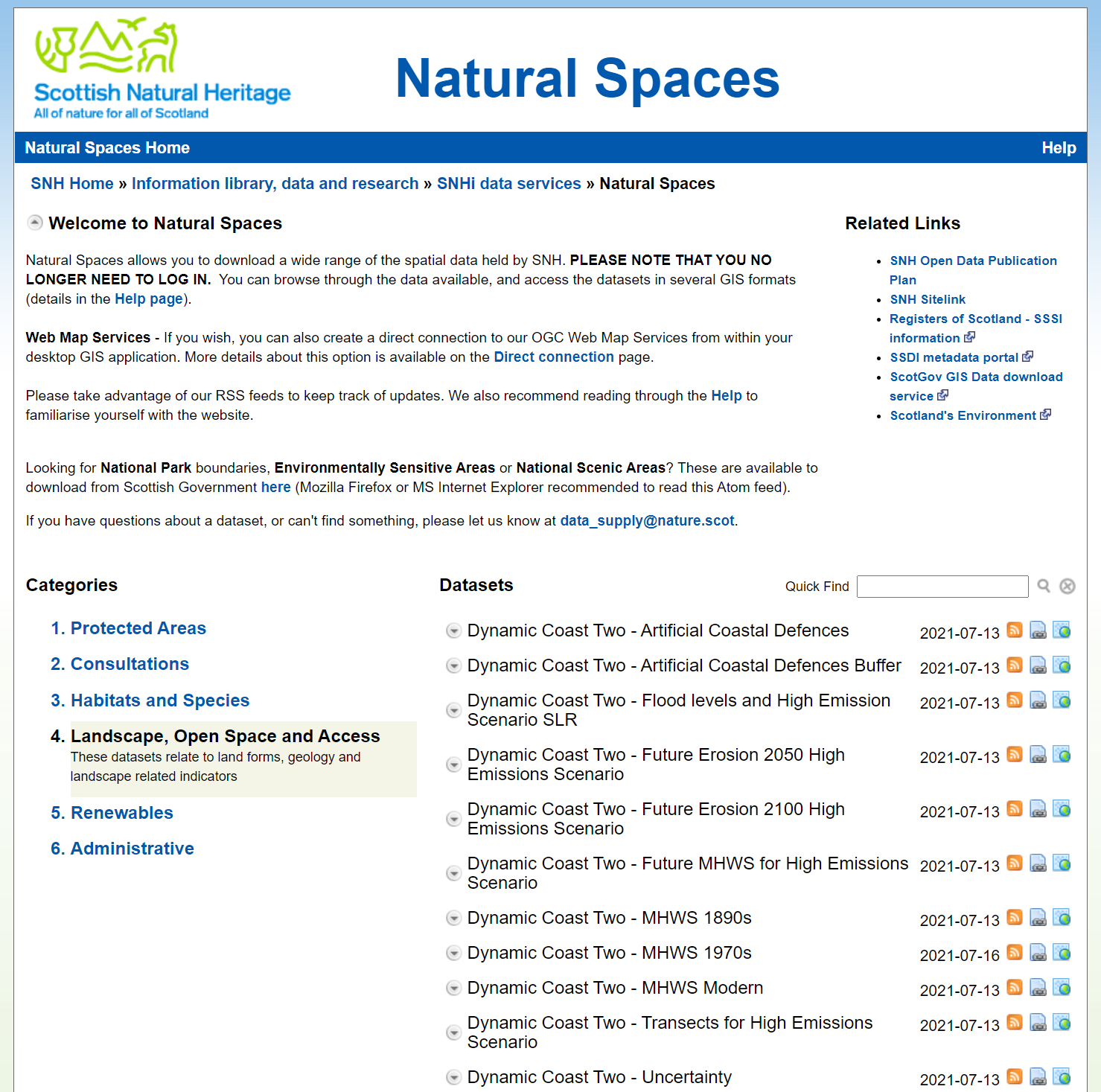 Screenshot of the Natural Spaces webpage